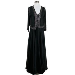 JKara Beaded Chiffon A-Line Evening Gown with Jacket Black Size 10 Long Dress